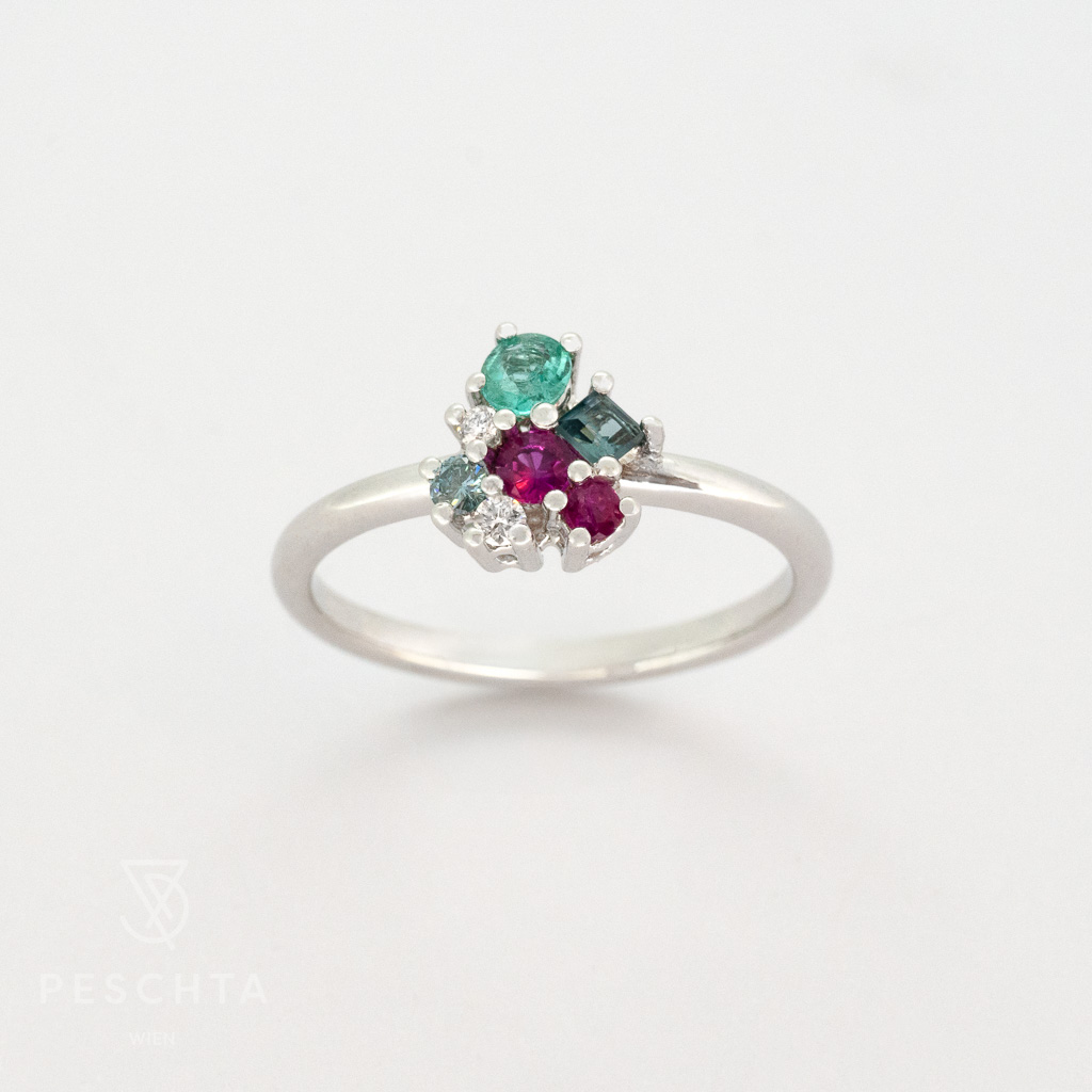 Saphir, Rubin, Turmalin, Brillanten Ring